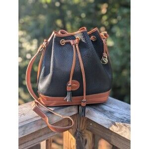 Vintage Dooney & Bourke Bucket Bag Drawstring Brass Black British Tan Crossbody